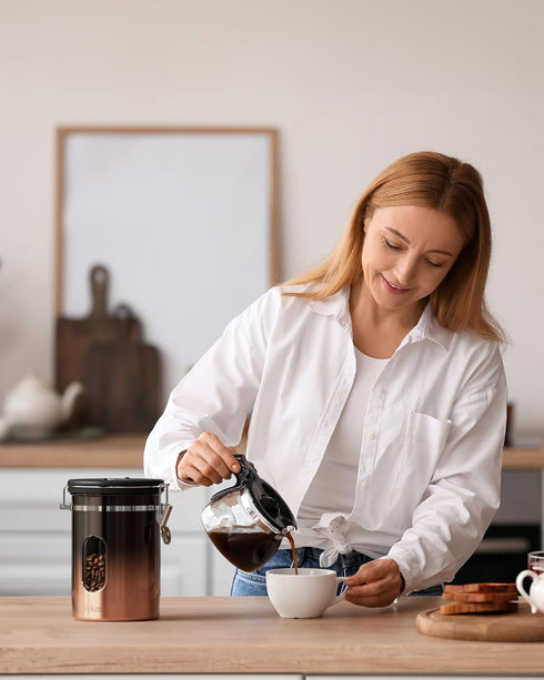Tea,Flour,Cereal,Sugar,22OZ,Copper Veken Coffee Canister with Window,Airtight Stainless Steel Kitchen Food Storage