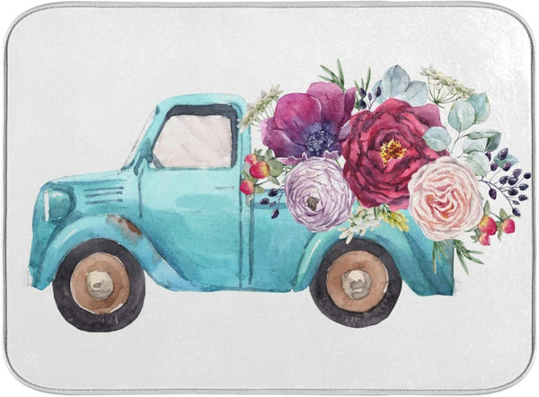 ALAZA Blue Trolley Truck Purple Rose Flower Dish Drying Mat, Absorbent Microfiber Small Drying Pad for Kitchen