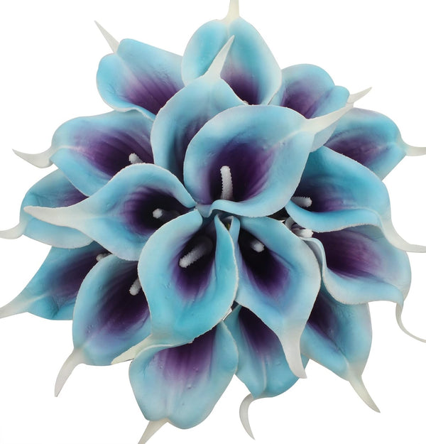Duovlo 20pcs Calla Lily Artificial Flower Wedding Bouquet (Purple in Blue) | Real Touch Home Party Decor