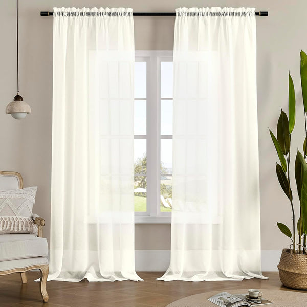 MYSTIC-HOME White Sheer Curtain Panels 72 Inch Length, Light Filtering Drapes for Living Room, 2 Panels, 52" Wx72" L