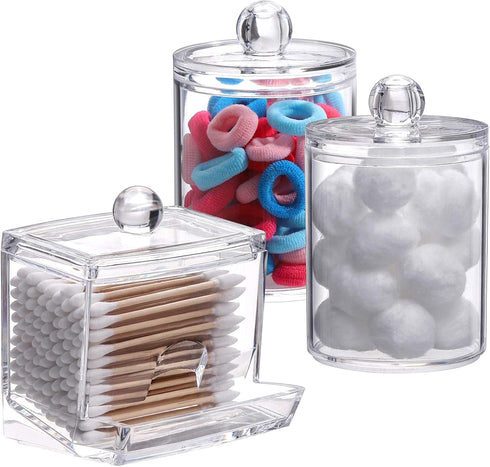 Tbestmax Plastic Qtips Holder, 10/7 OZ Cotton Ball/Swabs Dispenser, 3 Pcs Apothecary Jar Organizer for Bathroom Storage