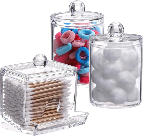 Tbestmax Plastic Qtips Holder, 10/7 OZ Cotton Ball/Swabs Dispenser, 3 Pcs Apothecary Jar Organizer for Bathroom Storage