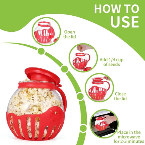 Microwave Popcorn Popper | Borosilicate Glass | 3 in 1 Lid | Silicone Exterior & Lid for Secure Grip | 1.50 Quart Red