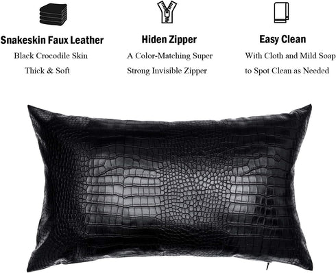 Black Crocodile Skin Faux Leather Pillow Cover, Decorative Modern Throw Cushion Case for Living Room & Bedroom, 12x20