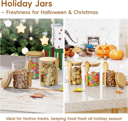 Container,15 Pack 1 Sugar Jar Glass Salt Ounces Clear Airtight Caning with Bamboo Lid and Spoon Scoop, Storage