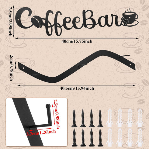 9 Peryiter Coffee Cup Holder Coffee Mug Wall Rack Mounted with Bar Shelf Curve Metal Cup Rack Wall Hanging Holder