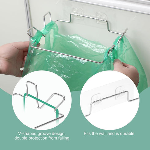 Stainless Steel Trash Bag Holder for Kitchen Cabinets Doors and Cupboards, Under Sink Bag Hanger, Portable Trash can