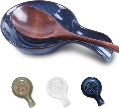 Blue Ceramic Spoon Rest for Kitchen, Heat Resistant Utensil Holder for Countertop, Dishwasher Safe, Cooking Spoon Holder