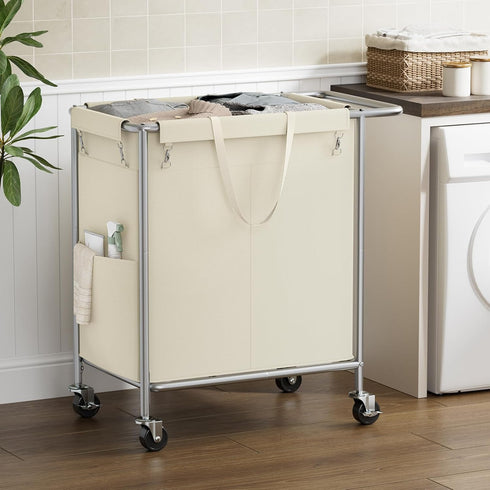 Wheels,160L 2 Chrislley Double Laundry Hamper with Rolling Laundry Basket Section,Steel Frame Laundry Cart with Handle