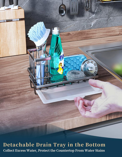 Consumest Sink Caddy - Kitchen Sponge Holder & Dish Brush Holder with Drip Tray, Stainless Steel Rustproof - Silver