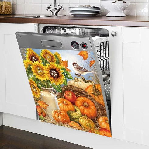 Fall Bountiful Harvest Magnetic Dishwasher Cover Decal, Pumpkins Sunflowers Design, 23" x 26"