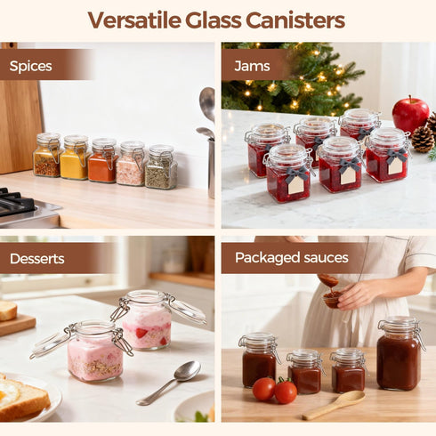 Set 12 (4 Oz), ComSaf of Square Glass Spice Jars with Airtight Lids Mini Favor Jars with Wire Clamp for Honey, Herbs