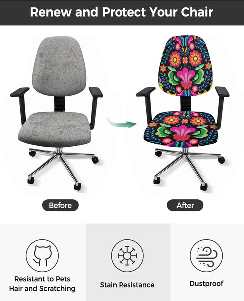 Colorful Floral Mexican Pattern Office Chair Cover Stretchable Computer Chair Seat Cover Backrest Slipcovers, Mexico Ethnic Black Abstract Art Stretchable Rotating Desk Chair Seat Cushion Protectors by AMZRicher