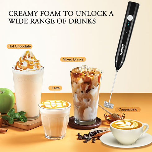 Dallfoll Milk Frother Handheld, USB Rechargeable Electric Foam Wand Maker for Coffee, 3 Speeds Mini Milk Foamer Drink