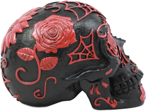 Ebros Day of The Dead Spider Web Floral Red Rose Skull Figurine - DOD Floral Black Sugar Skull Statue 5" L