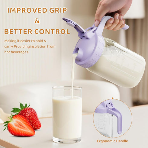 32 oz, Breast Milk Pitcher, Mason Jar Heavy Duty Wide Mouth Jar with Purple Flip Cap Lid and Pour Spout, Formula