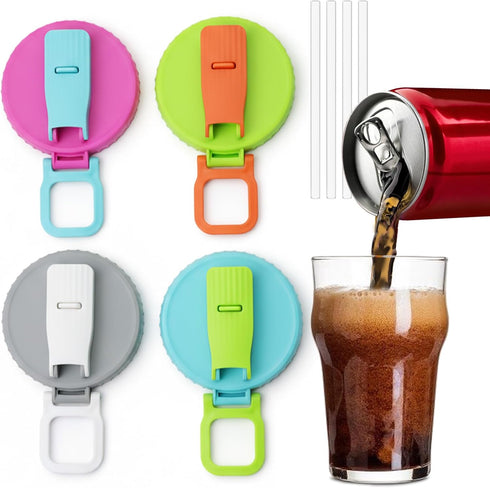 XENIVO 4 Pack Soda Can Lids with Silicone Straw, Reusable Soda Can Covers
