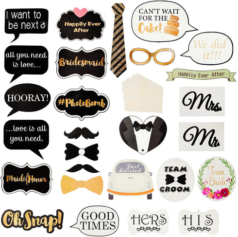 72 Pieces Wedding Photo Booth Props for Bridal Shower, Bachelorette Party, Selfies with Sticks and Stickers
