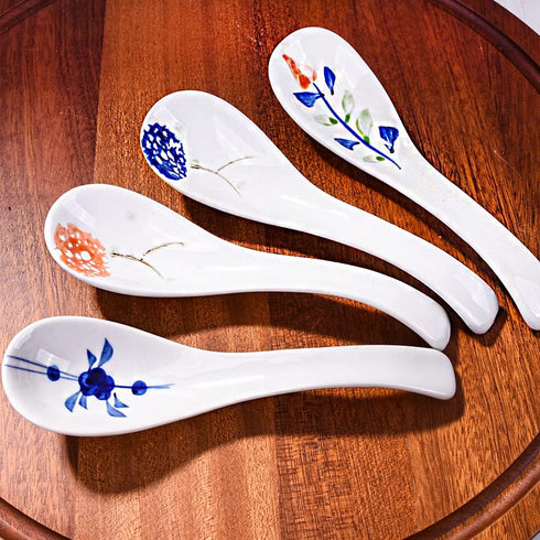 Japanese Ceramic Soup Spoons, 4 Pieces Porcelain Spoons for Ramen Noodle Oat