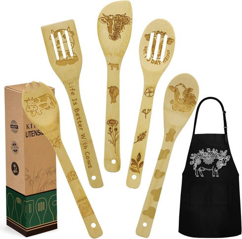 Cow Gifts for Women, Kitchen Decor Cooking Utensils Set with Unique Bamboo Spoons, Apron, Personalized Gift Idea for Mom