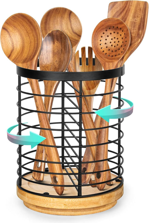 Utensil Holder for Kitchen Counter, Large Black Metal+Bamboo Base Utensil Organizer, Breathable, Easy to Dry, Rotating