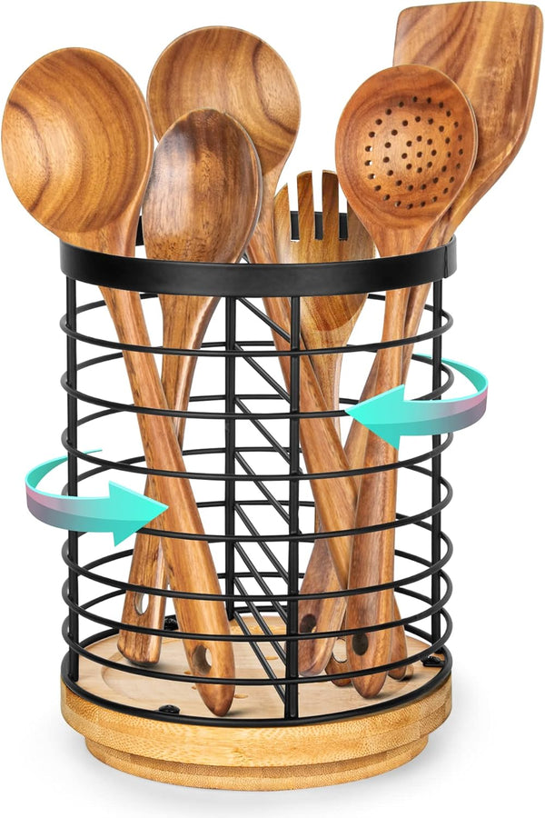 Utensil Holder for Kitchen Counter, Large Black Metal+Bamboo Base Utensil Organizer, Breathable, Easy to Dry, Rotating
