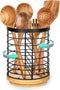 Utensil Holder for Kitchen Counter, Large Black Metal+Bamboo Base Utensil Organizer, Breathable, Easy to Dry, Rotating