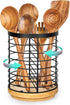 Utensil Holder for Kitchen Counter, Large Black Metal+Bamboo Base Utensil Organizer, Breathable, Easy to Dry, Rotating