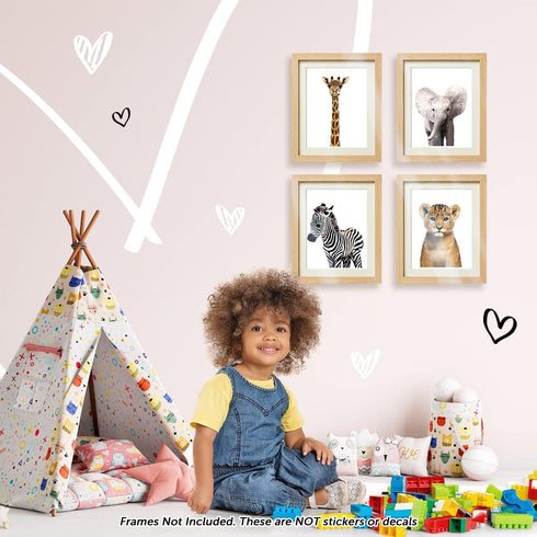 Safari Baby Animals Nursery Decor Art, Set of 4 UNFRAMED Wall Prints, 8x10