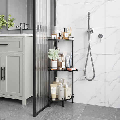 3 2 ELYKEN Corner Shower Caddy Standing, Tier Rustproof Metal Shower Organizer with Soap Holder, Floor Shower Corner