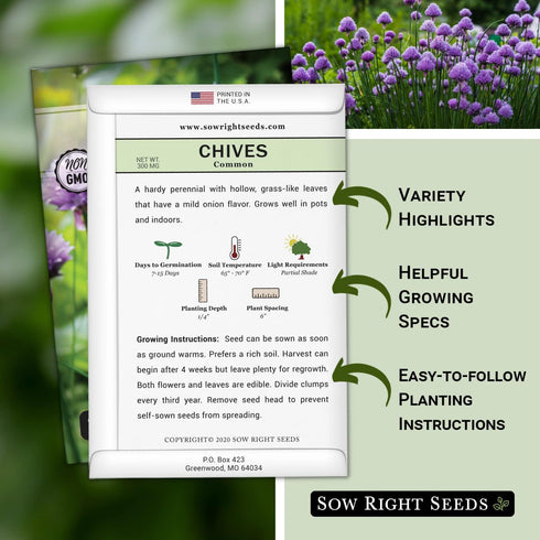 Common Packet (3) Sow Right Seeds - Chives Seed for Planting - Non-GMO Heirloom with Instructions to Plant and Grow