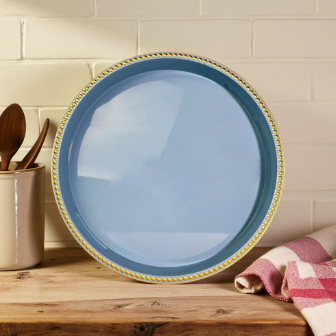 Counter, Room,(13") Blue Decorative Tray for Coffee Table, Round Beaded Plastic Serving Tray forKitchen Ottoman, Living