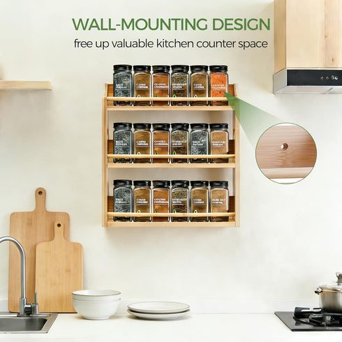 3 Counter Bamboo Spice Rack Organizer, Tier Spice Jars Storage Rack with Handles, Seasoning Shelf for Kitchen or Wall