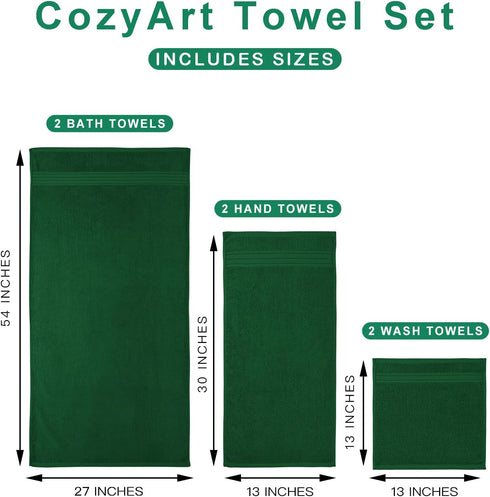 COZYART Set 6 100% 650GSM Sets 2 2 2 Formal Green Bath Towel Piece, Luxury Turkish Cotton Hotel Quality, Soft
