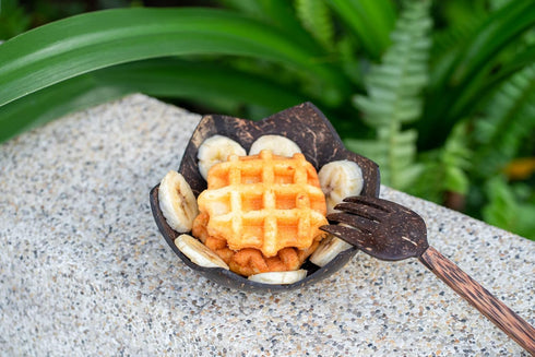 Set of 2 Jumbo Coconut Bowls, 2 Wooden Spoons & 2 Reusable Bamboo Straws - Eco-Friendly, Hand Carved, 100% Natural