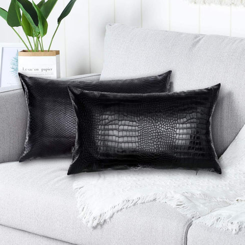 Black Crocodile Skin Faux Leather Pillow Cover, Decorative Modern Throw Cushion Case for Living Room & Bedroom, 12x20