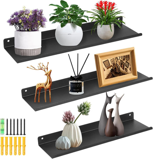 Uten Floating Shelves: Wall Mounted Iron Shelves Set of 3, Bathroom Storage Organizer Decor Shelf for Home, Black