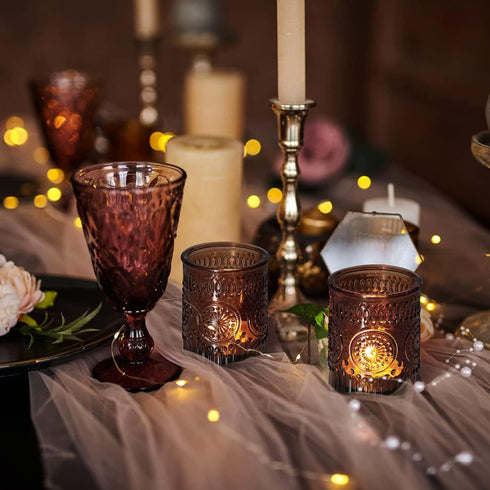 24pcs DEVI Vintage Amber Votive Candle Holders, Amber Glass Tea Lights Candle Holder for Baby Shower, Boho Wedding