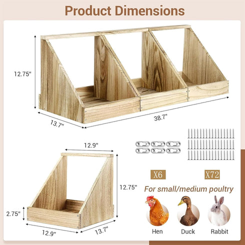 Chewoof 3 Pack Chicken Nesting Box, Wooden Single Compartment Chicken Nesting Box for Outdoor Coop, Comfortable Laying