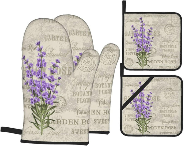 Lavender Flowers Vintage Oven Mitts and Pot Holders Set of 4, High Heat Resistant for Kitchen Cooking BBQ