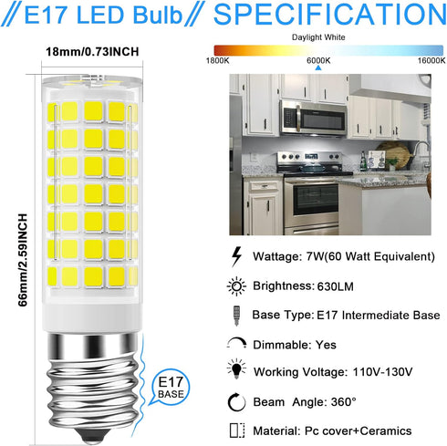 TAIYALOO E17 LED Bulb - Dimmable 7W Microwave Oven Bulb, Daylight White 6000K, 60W Halogen Replacement, 2 Pack
