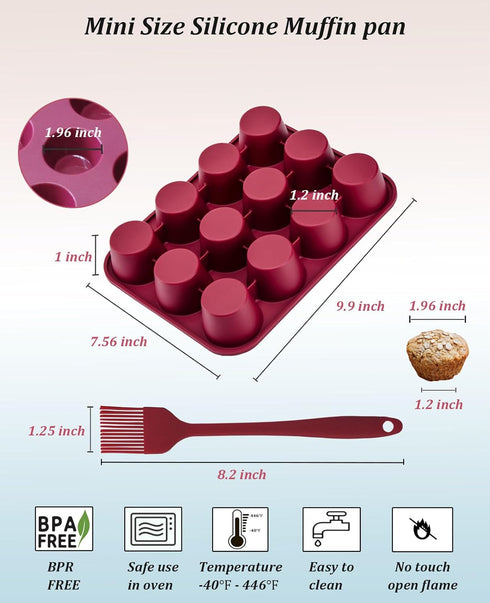 Silicone Mini Muffin Pan, 12-Cup Mini Cupcake Pan with Silicone Pastry Brush, BPA Free, Dark Red