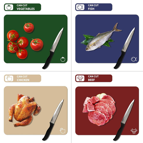 WK Plastic Flexible Cutting Boards for Kitchen Set of 4, Colored Cutting Board Mats with Food Icons, Non-Slip Cutting Mats, BPA Free, Dishwasher Safe by WK