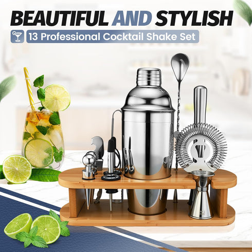 Set 13-Pcs Set 25oz Cocktail Shaker Bartender Kit: Bar Tools with Bamboo Stand, Essential Bar Accessories for Home: