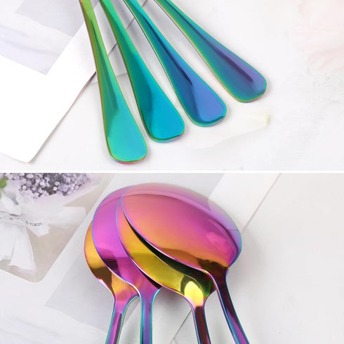 4 Pieces Colorful Serving Spoons Set, Include 2 Large Serving Spoon And 2 Slotted Spoons, Rainbow Color Style Stainless Steel Serving Utensils for Buffet Catering Banquet
