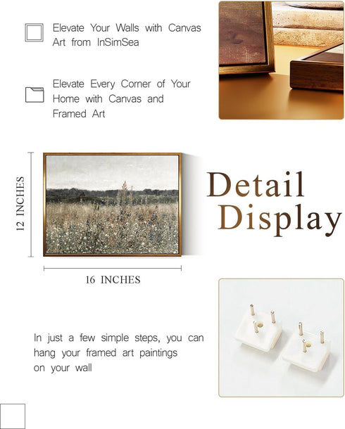 InSimSea Golden Framed Vintage Canvas Wall Art - 12x16in Wildflower Field Rustic Floral Landscape Print