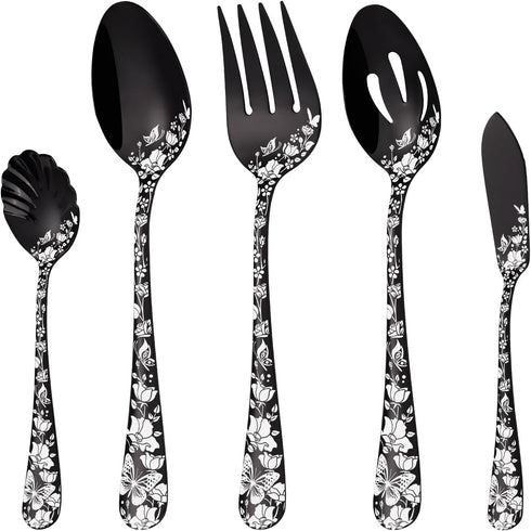 Stapava 5PCS Black Serving Utensils Set, Stainless Steel Flatware with Large Serving Spoon, Dishwasher Safe