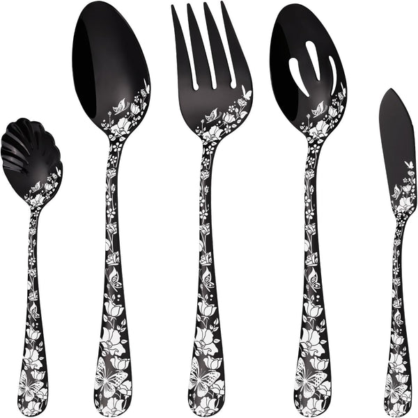 Stapava 5PCS Black Serving Utensils Set, Stainless Steel Flatware with Large Serving Spoon, Dishwasher Safe