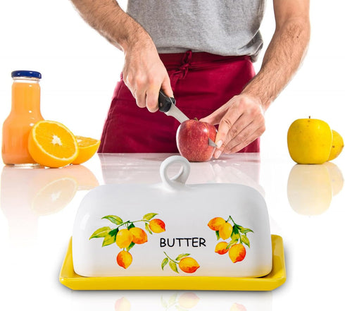 Lemon Butter Dish with Lid, Yellow Ceramic Large Butter Holder with Cover, Painted Butter Tray