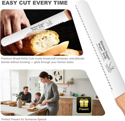 KNZIFPD 8 Inch, Wavy Edge Serrated Bread Knife Cuts Perfect Homemade Bread, Bagels, Cakes - Ultra Sharp Stainless Steel
